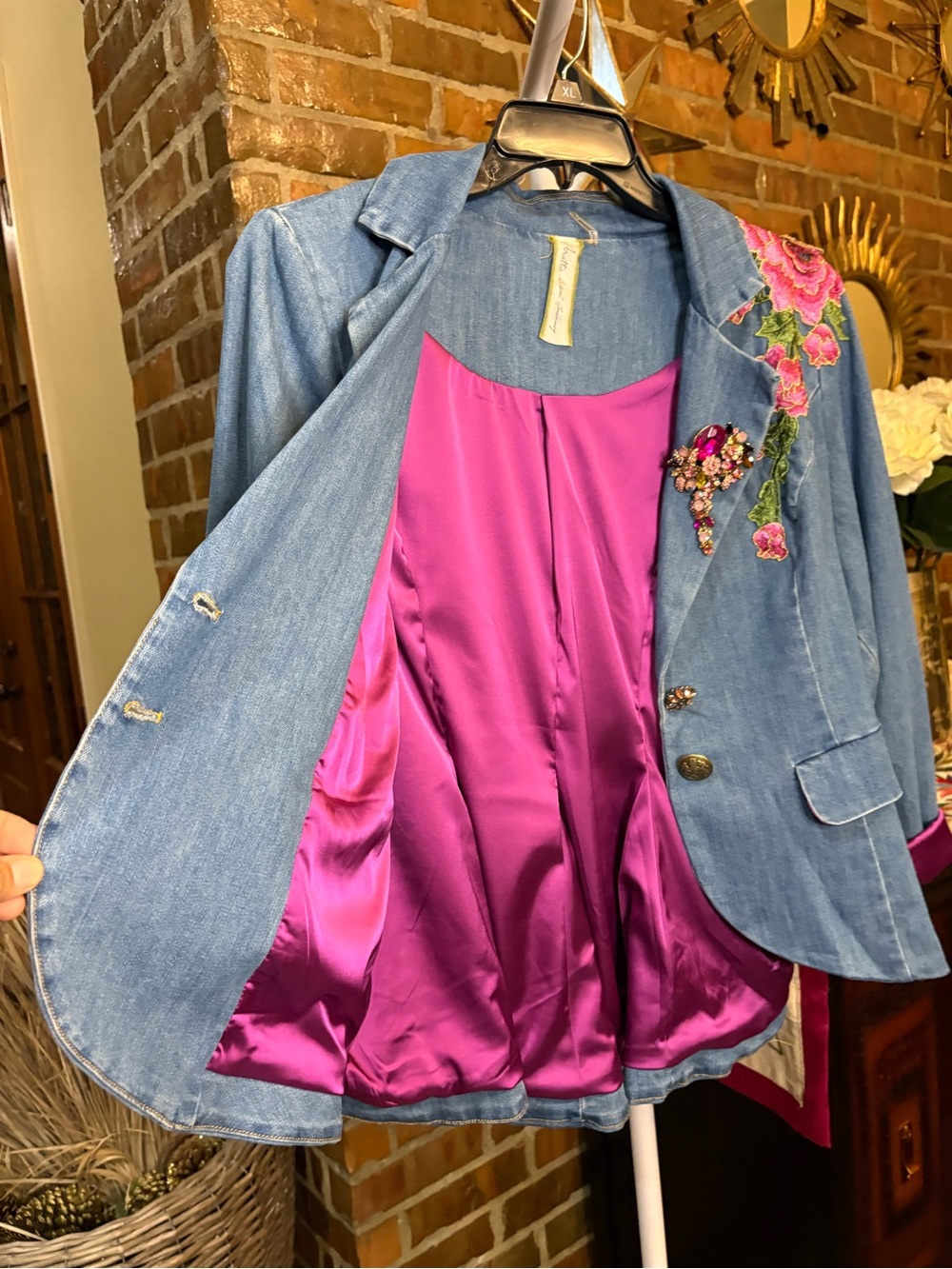 Aratta Silent Journey Montecarlo Blue Denim Blazer with Pink Floral Patch - Picture 5 of 10